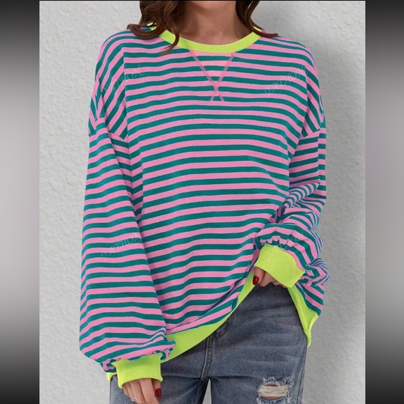 Casual Striped Round Neck Sweatshirt Long Sleeve Loose T-Shirt XL - Picture 7 of 7